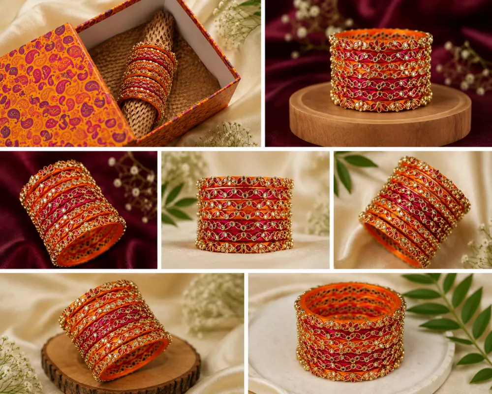 Orange and pink bangles portfolio collage.