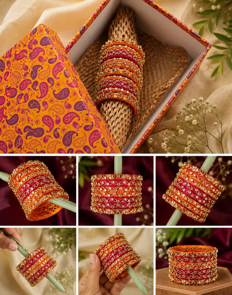 Orange and pink ornate handmade bangles displayed together.