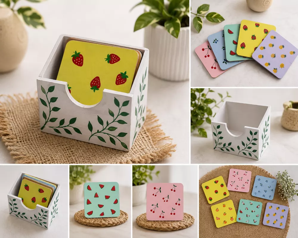 Fruit coaster holder and colorful coaster set collage.