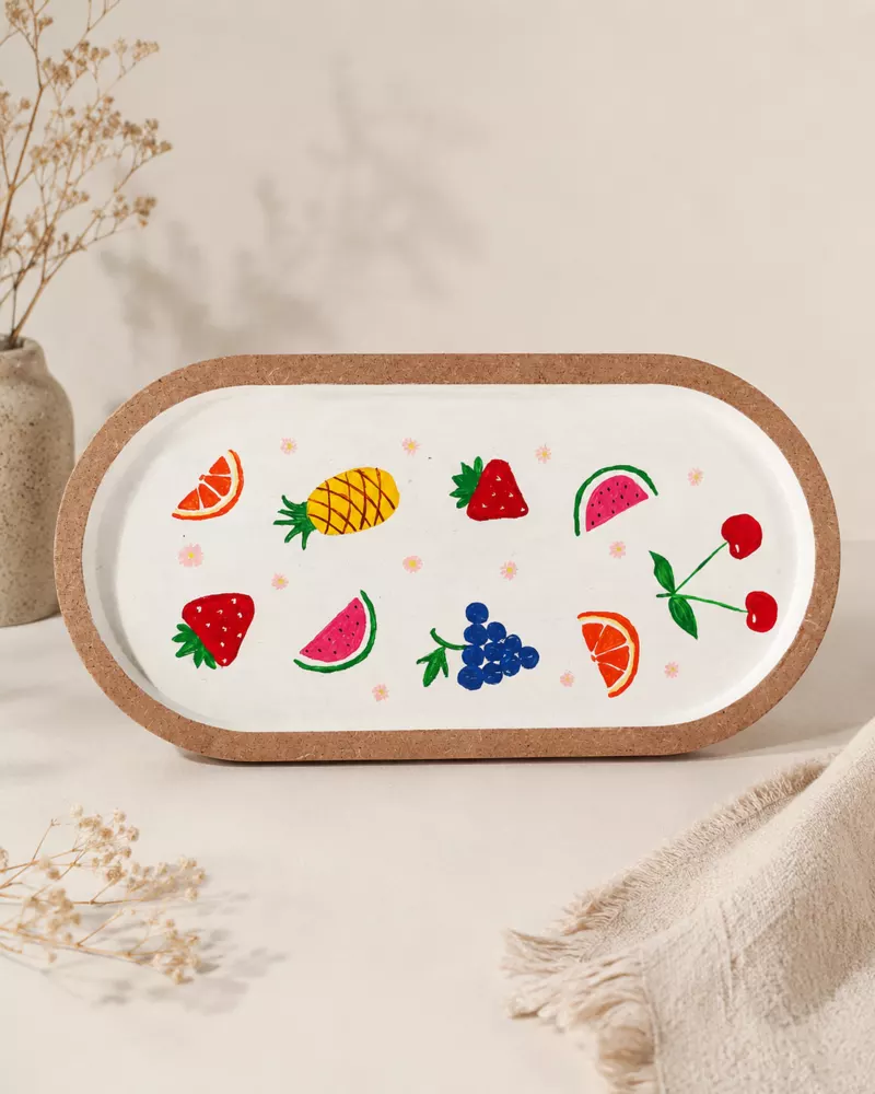 Hand-painted fruit tray with colorful fruit artwork.